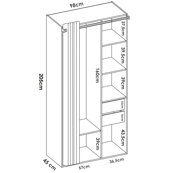 Cabina armadio 98x205h cm 2 cassetti con tenda bianco rovere Vixa