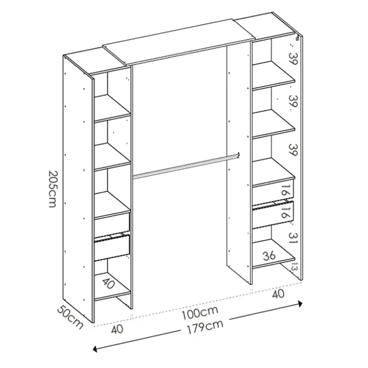Cabina armadio 179x205h cm con cassetti moderno aperto rovere e grafite Loder