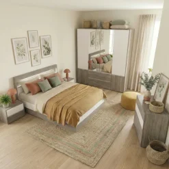 Camera da letto completa matrimoniale con LED rovere scuro bianco opaco Garonna