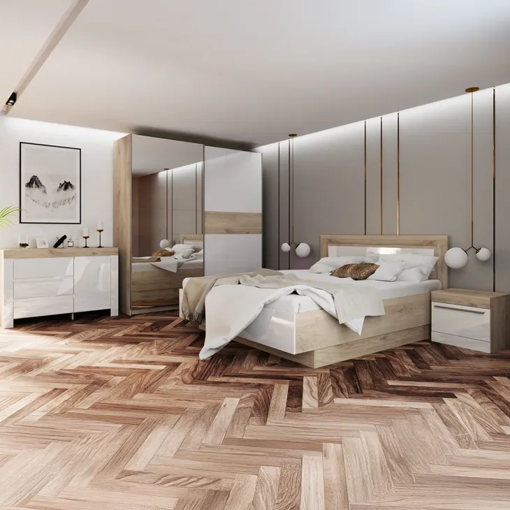 Camera da letto completa matrimoniale bianco lucido rovere sonoma Monaco