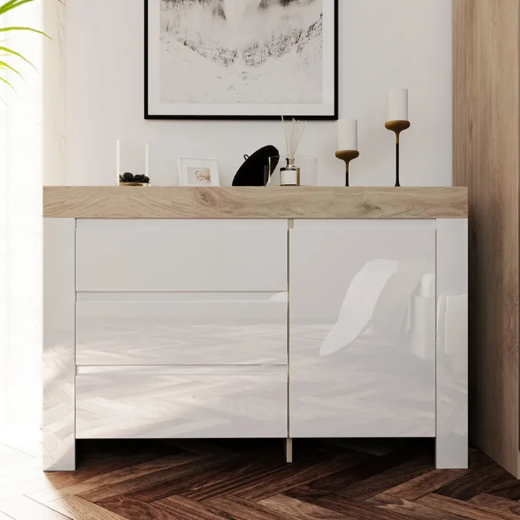 Camera da letto completa matrimoniale bianco lucido rovere sonoma Monaco