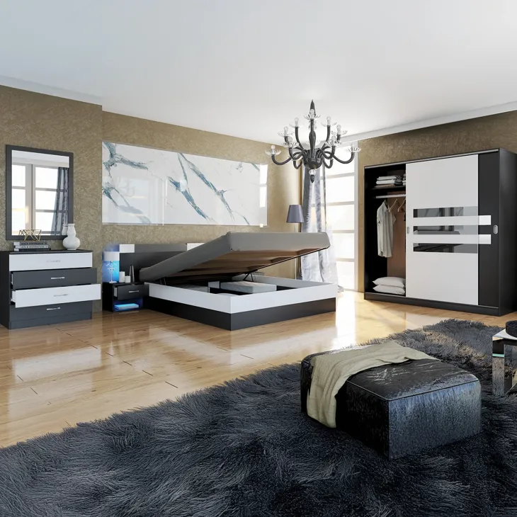 Camera da letto moderna completa matrimoniale nero bianco lucido Dallas