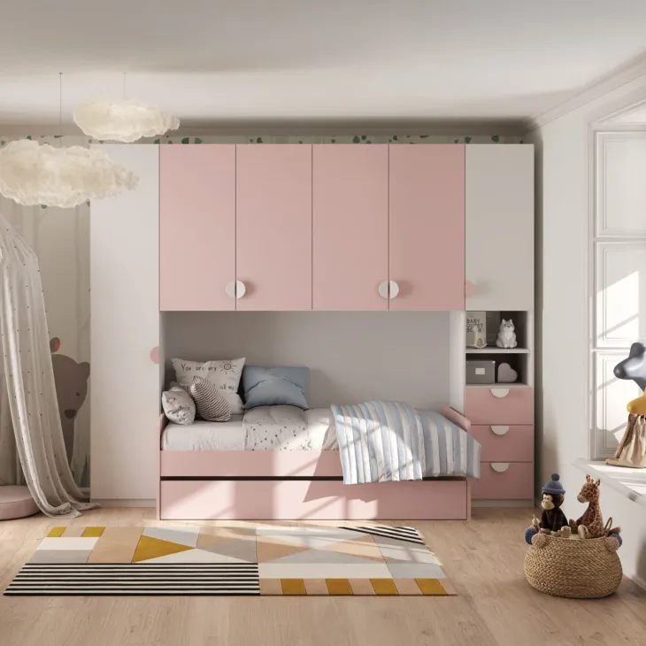 Cameretta a ponte completa con letto estraibile bianco rosa Shilly