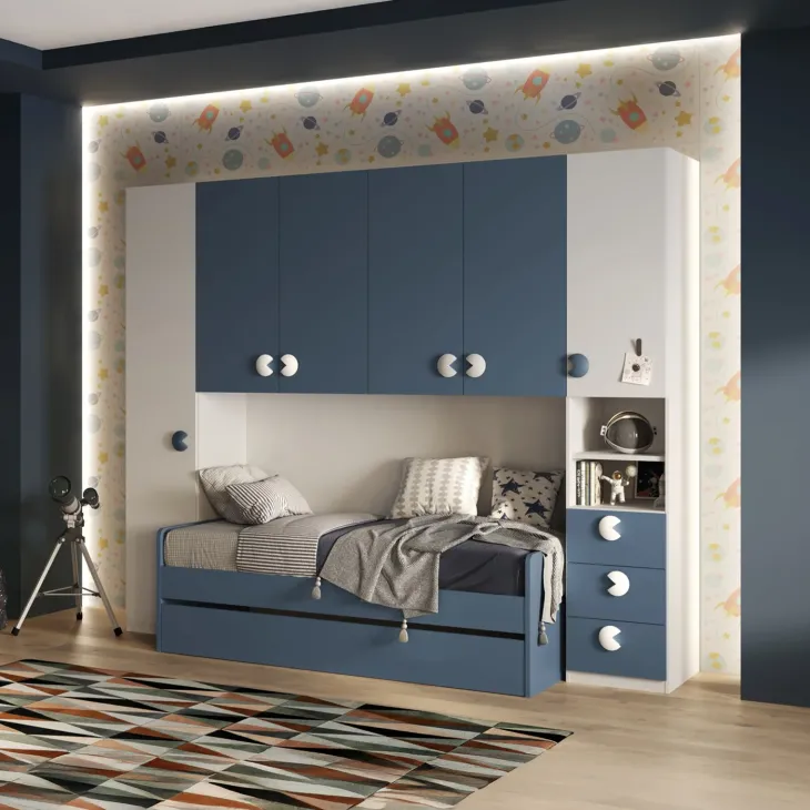 Cameretta a ponte completa con letto estraibile bianco blu Shilly