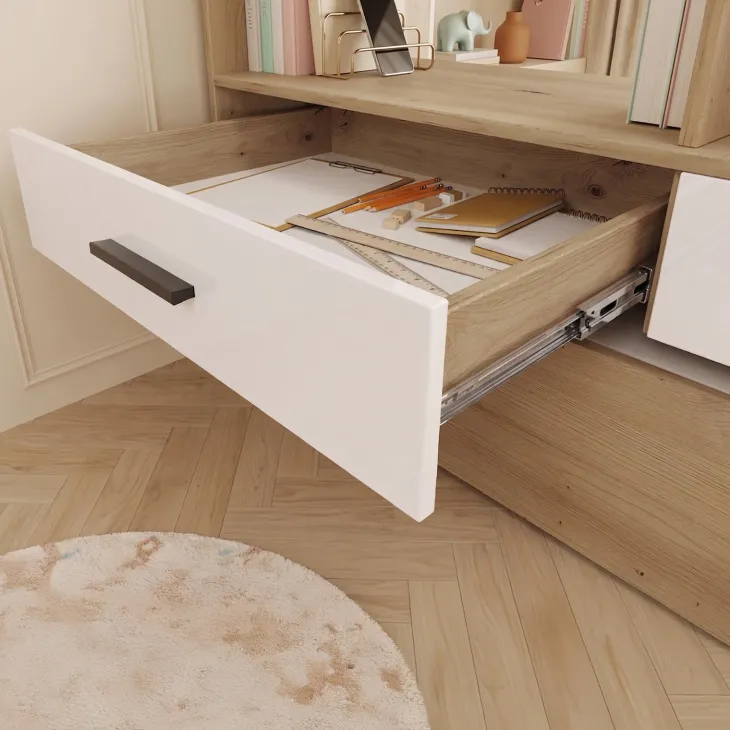 Cameretta bambini completa 2 letti singoli rovere bianco lucido Cindy