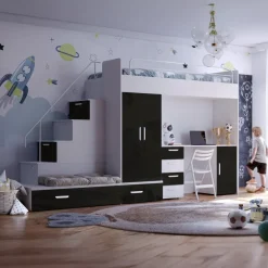 Cameretta bambini completa 2 letti singoli bianco nero Diego Gihome®