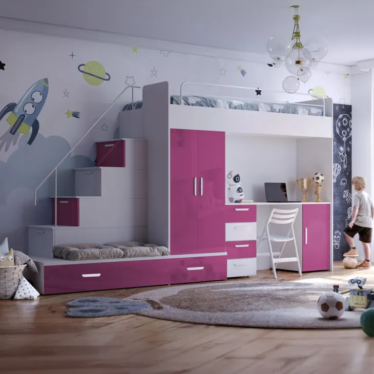 Cameretta bambini completa 2 letti singoli bianco rosa Diego Gihome®