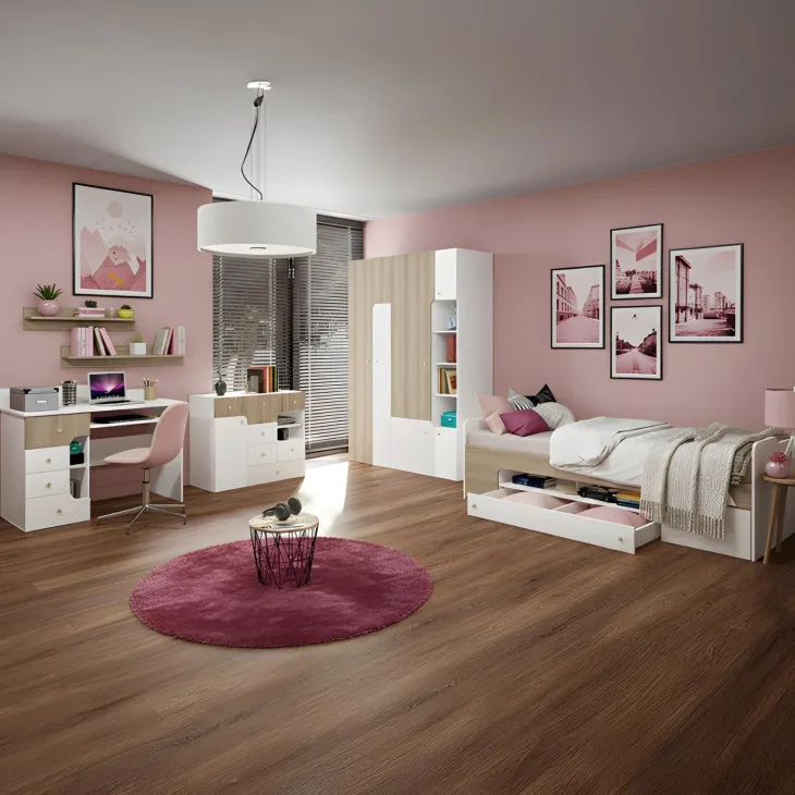 Cameretta bambini completa 1 letto singolo con cassettoni rovere bianco rosa Balocchi
