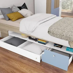 Cameretta bambini completa 1 letto singolo con cassettoni rovere bianco azzurro Balocchi