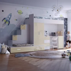 Cameretta bambini completa 2 letti singoli bianco beige lucido Diego Gihome®