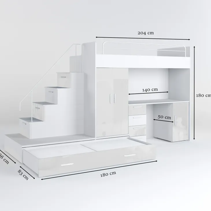 Cameretta bambini completa 324x86cm 2 letti singoli bianco Diego Gihome®
