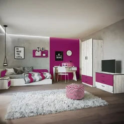 Cameretta completa bambini letto contenitore con scrivania pino bianco fucsia Ford