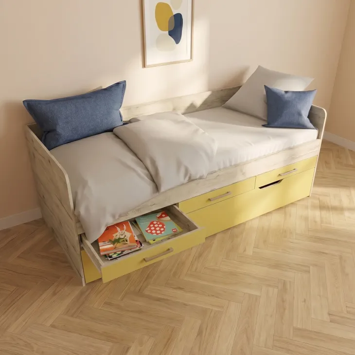 Cameretta completa letto singolo con letto estraibile e cassetti bianco frassinato giallo Bra