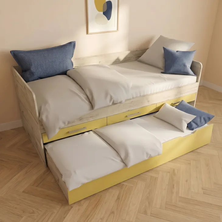 Cameretta completa letto singolo con letto estraibile e cassetti bianco frassinato giallo Bra