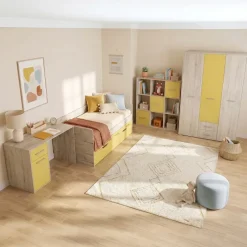 Cameretta completa letto singolo con letto estraibile e cassetti bianco frassinato giallo Bra