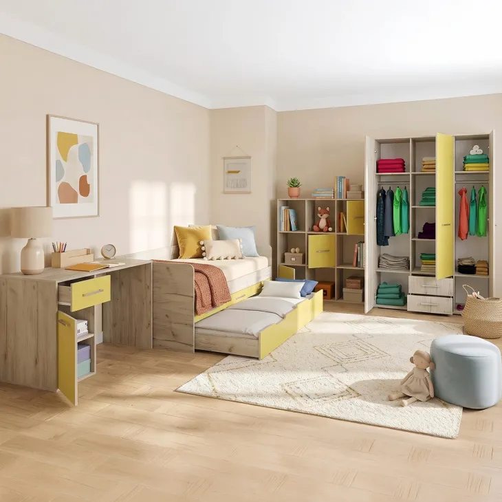 Cameretta completa letto singolo con letto estraibile e cassetti bianco frassinato giallo Bra