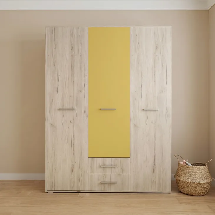 Cameretta completa letto singolo con letto estraibile e cassetti bianco frassinato giallo Bra