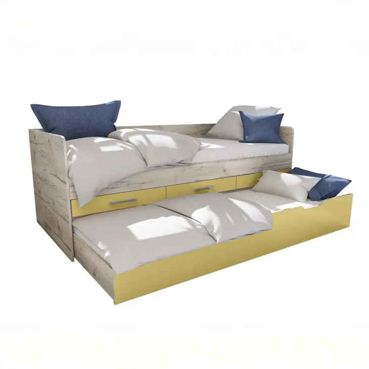 Cameretta completa letto singolo con letto estraibile e cassetti bianco frassinato giallo Bra