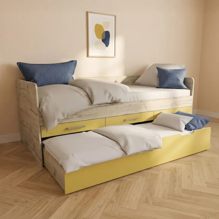 Cameretta completa letto singolo con letto estraibile e cassetti bianco frassinato giallo Bra