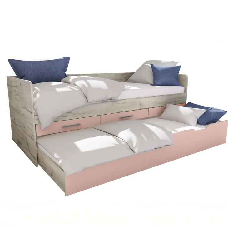 Cameretta completa letto singolo con letto estraibile e cassetti bianco frassinato rosa Bra