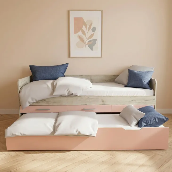 Cameretta completa letto singolo con letto estraibile e cassetti bianco frassinato rosa Bra