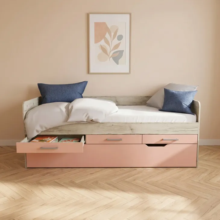 Cameretta completa letto singolo con letto estraibile e cassetti bianco frassinato rosa Bra