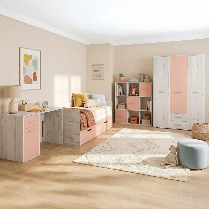 Cameretta completa letto singolo con letto estraibile e cassetti bianco frassinato rosa Bra