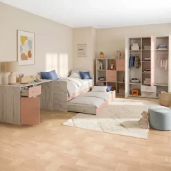 Cameretta completa letto singolo con letto estraibile e cassetti bianco frassinato rosa Bra