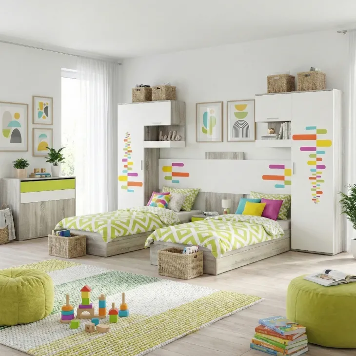 Cameretta per bambini completa 2 letti rovere bianco verde Serena Gihome®