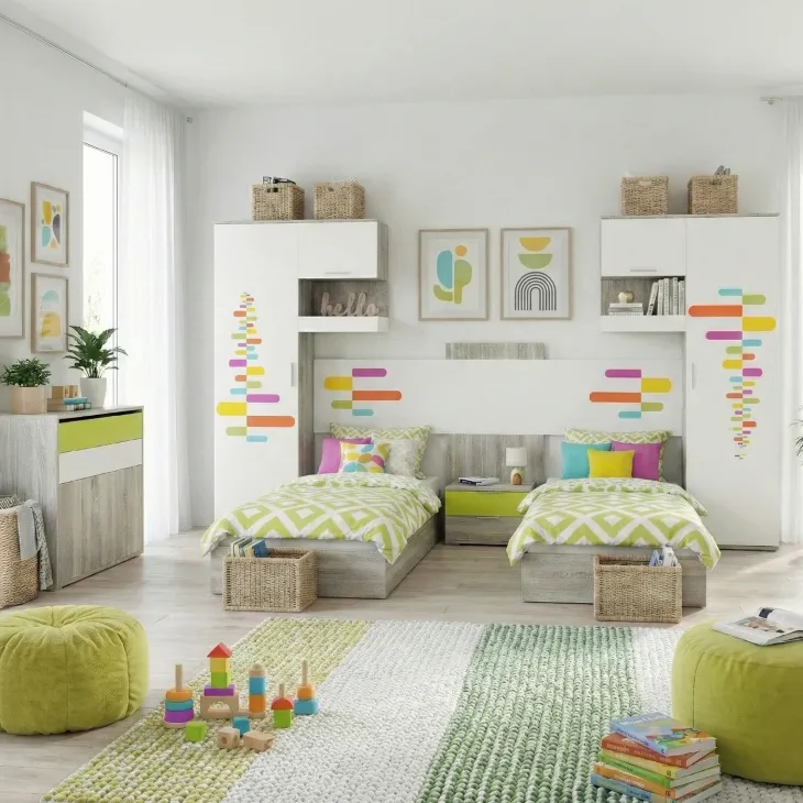 Cameretta per bambini completa 2 letti rovere bianco verde Serena Gihome®