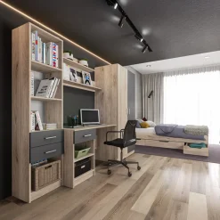Cameretta per bambini completa 1 letto con cassettoni rovere grigio Kabala
