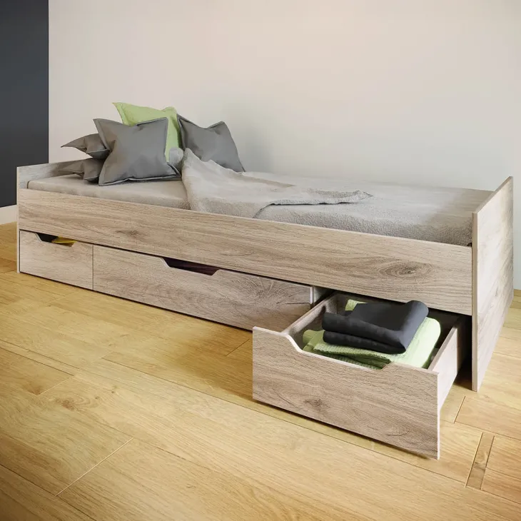 Cameretta per bambini completa 1 letto con cassettoni rovere grigio Kabala