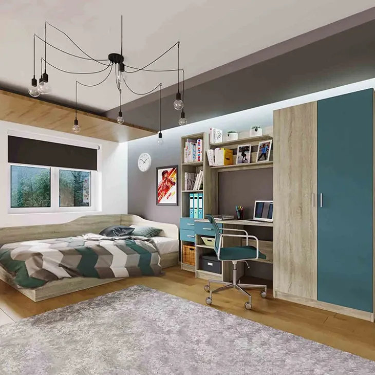 Cameretta per bambini completa con letto 120x190 cm rovere blu petrolio Alex Gihome®