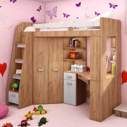 Cameretta 204x120cm bambini completa sinistra 1 letto singolo rovere miele bianco frassinato Dollie Gihome®
