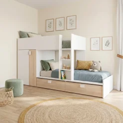 Cameretta 275x106cm bambini 2 letti reversibile rovere bianco opaco a soppalco Clark
