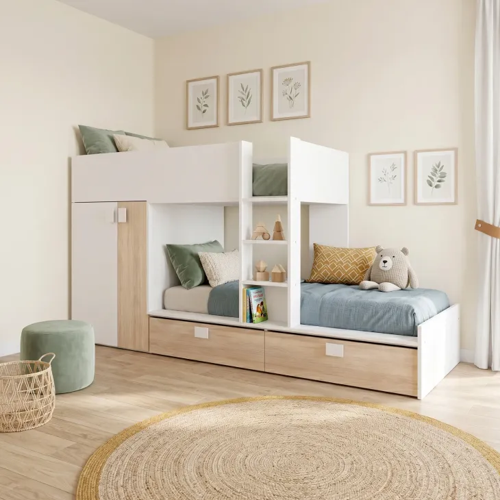 Cameretta 275x106cm bambini 2 letti reversibile rovere bianco opaco a soppalco Clark