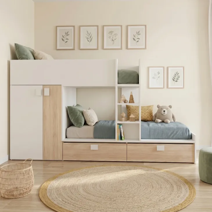 Cameretta 275x106cm bambini 2 letti reversibile rovere bianco opaco a soppalco Clark