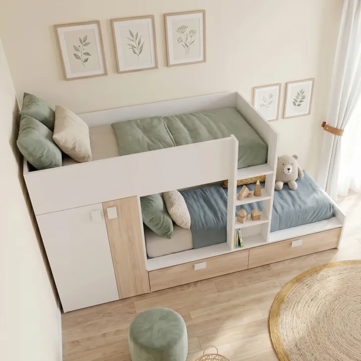 Cameretta 275x106cm bambini 2 letti reversibile rovere bianco opaco a soppalco Clark