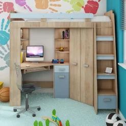 Cameretta 204x120cm completa destra 1 letto singolo rovere blu Dollie Gihome®