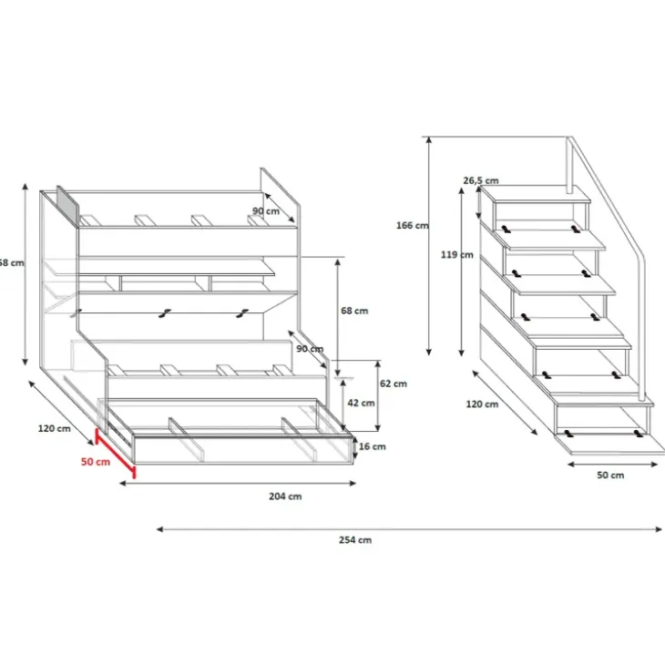 Cameretta 254x120cm con soppalco 2 letti singoli bianca Enrico Gihome®