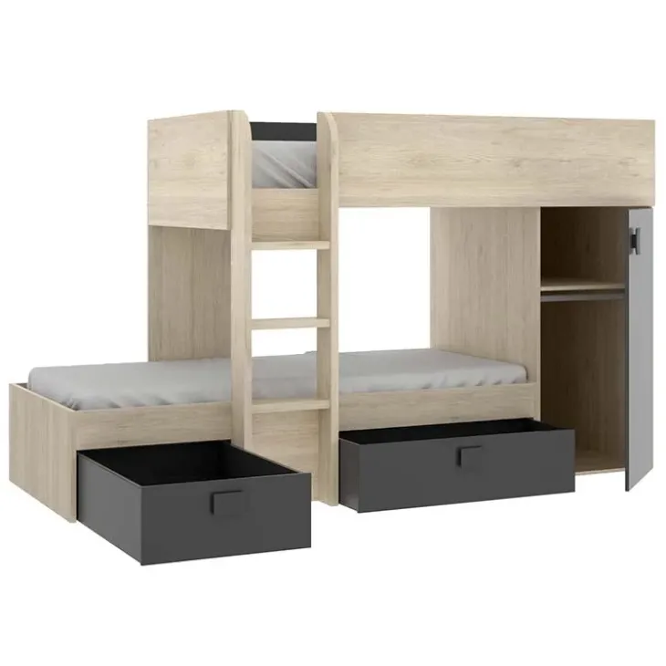 Cameretta 255x109cm 2 letti a soppalco reversibile rovere grafite Sole
