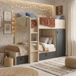 Cameretta 255x109cm 2 letti a soppalco reversibile rovere grafite Sole