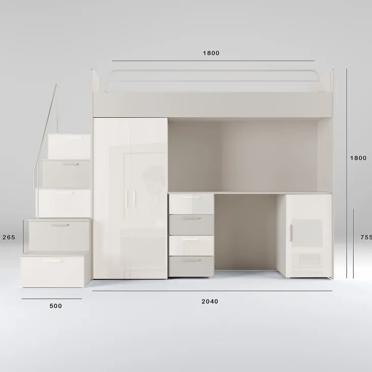 Cameretta 254x120cm 1 letto soppalco cashmere bianco lucido Simone
