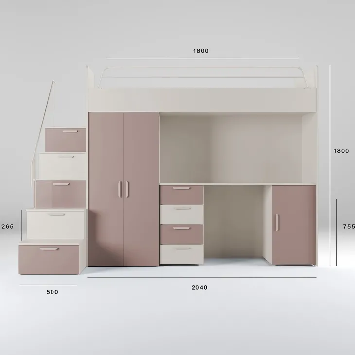 Cameretta 254x120cm 1 letto soppalco cashmere rosa Simone
