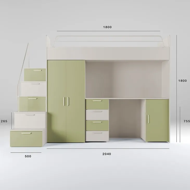 Cameretta 254x120cm 1 letto soppalco cashmere verde Simone