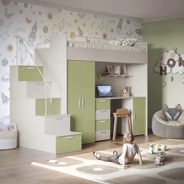 Cameretta 254x120cm 1 letto soppalco cashmere verde Simone