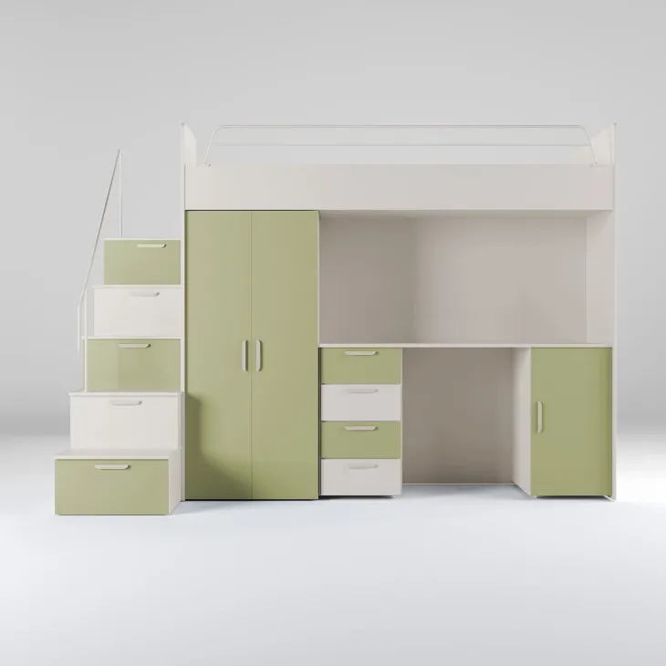Cameretta 254x120cm 1 letto soppalco cashmere verde Simone