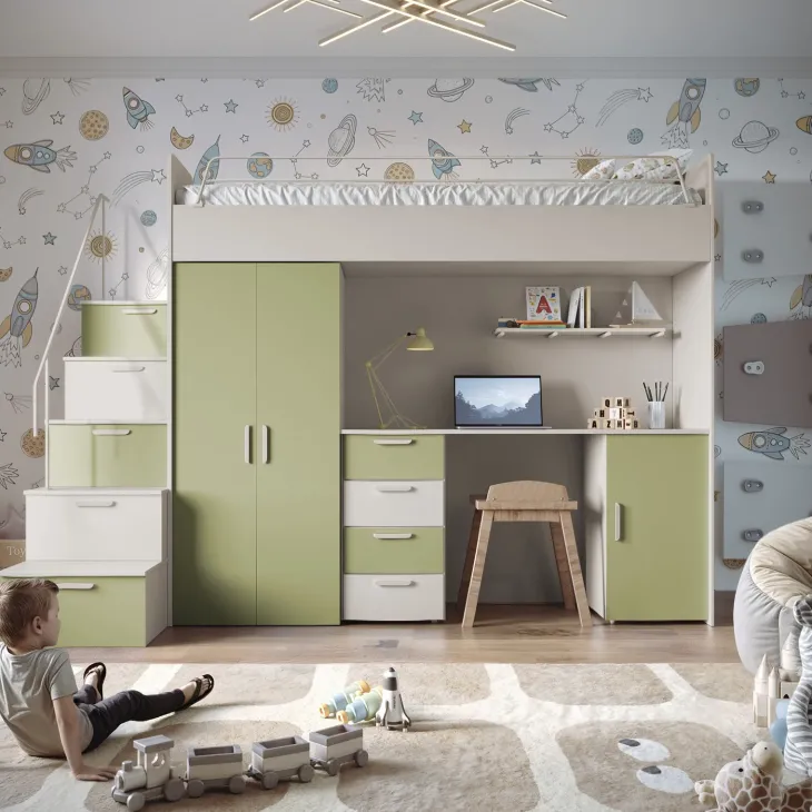 Cameretta 254x120cm 1 letto soppalco cashmere verde Simone