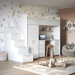 Cameretta 254x120cm 1 letto soppalco bianco lucido Simone Gihome®