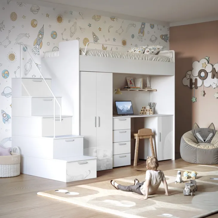 Cameretta 254x120cm 1 letto soppalco bianco lucido Simone Gihome®